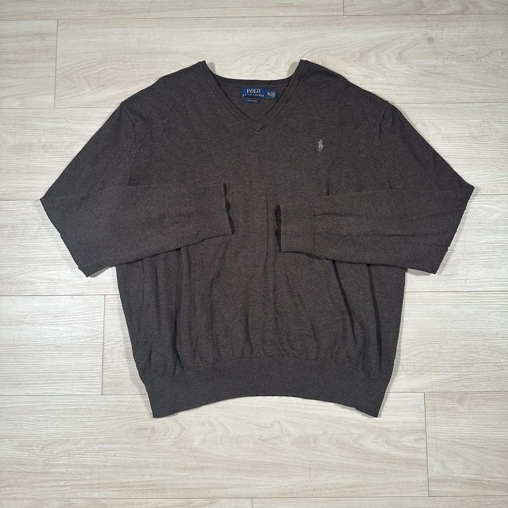 Polo Ralph Lauren V Neck Sweater Men's XXL Brown 100% Pima Cotton Soft Preppy